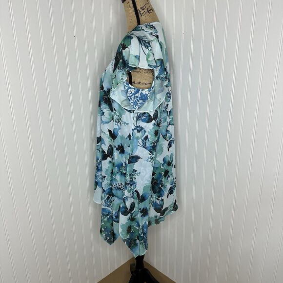 One World Floral Watercolor Top Sz XL Flutter Sleeve Shark Bite Lace Boho Fairy - Picture 3 of 11